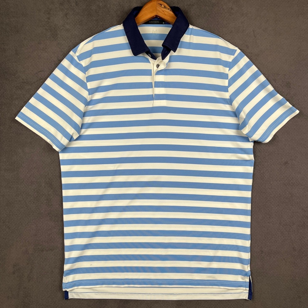 Greyson Polo Shirt Mens Medium Blue White Striped Short Sleeve Golf Performance